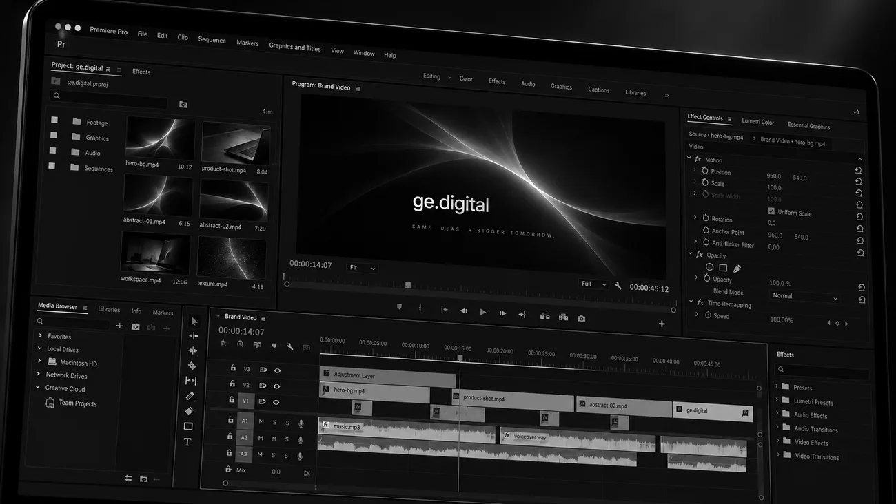 Illustrative Premiere Pro editing interface with a ge.digital brand video and timeline